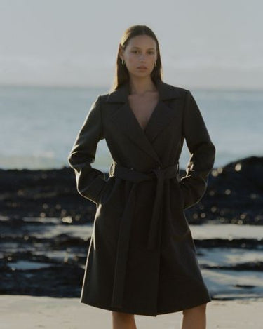 PETITE FEMME - WOOL CASHMEARE BELTED LONG COAT - CHOCOLATE